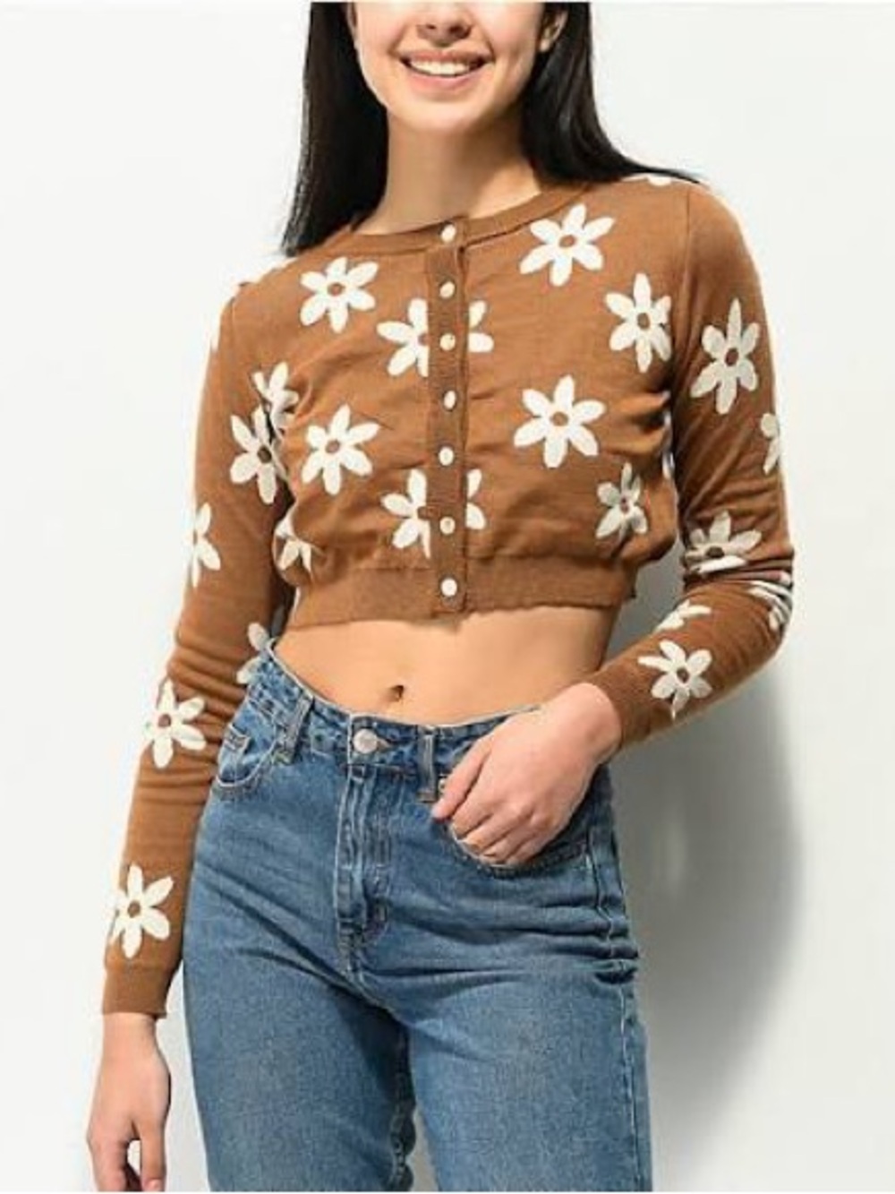 NWOT ModCloth Cropped Brown Daisy Print Cardigan Sweater